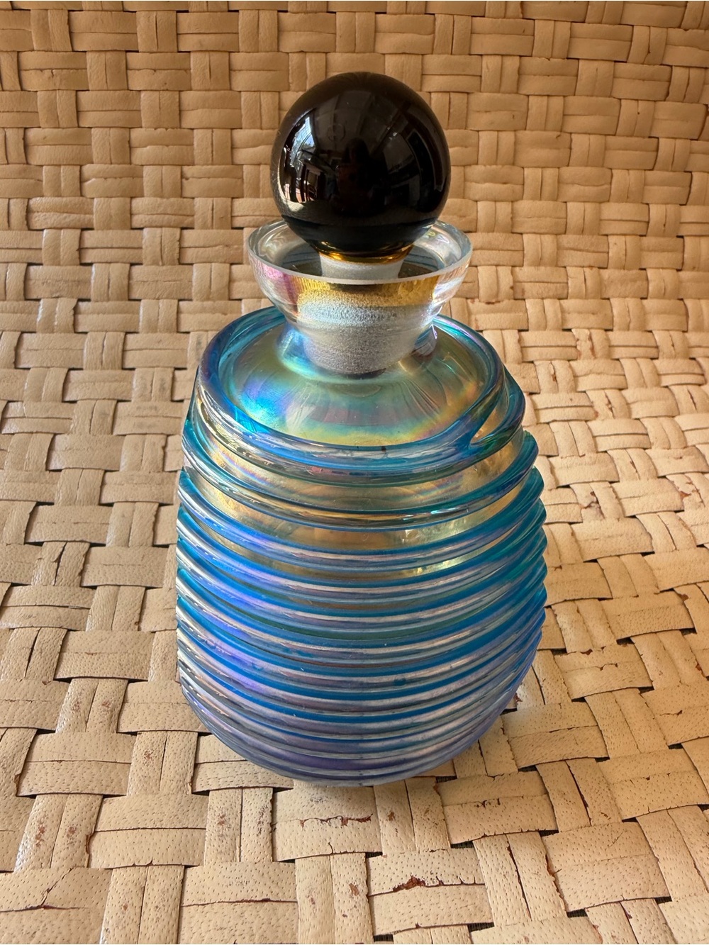 Blue Iridescent Vintage Art Glass Perfume Glass Decorative Bottle Black Stopper - Picture 2 of 7